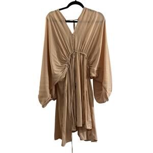 Beige Pleated V-Neck Drawstring Waist Women’s Dress